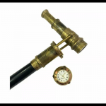 Mereteemaline peidetud teleskoop puidust jalutuskepp kellaga tipus kepp uus