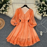 &Scaron;ikk V-kaelusega puhvvarrukatega elegantne plisseeritud slim s&ouml;&ouml;dava puuseene r&uuml;&uuml;židega kleit t&auml;navamood naiste vintage korea s&uuml;gisriided One Size oranž