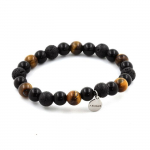 Pierres et Min&eacute;raux. Bracelet Perles Oeil de Tigre + Lave + Agate noire 8 mm. Fabriqu&eacute; en France.