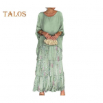 &Otilde;htukleit kihiline hajutatud tordi&auml;&auml;rega kontrastv&auml;rvides tr&uuml;kitud poolvarrukatega maksikleit dolmani varrukatega kottis &uuml;mara kaelusega &scaron;ifoonkleit peokleitiks 2XL heleroheline v&auml;rv