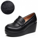 6,5 cm Vintage Must Ehtne Nahk Mokassiinid Naiste Platvormkiilud Kingad S&uuml;gis Keskmised Kontsad Kingad Karvaga Kontorisse Emale 34