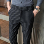 Korea Mood Suvi Uus Meeste J&auml;&auml;siid Triibulised Taskutega T&otilde;mblukuga &Uuml;likonna P&uuml;ksid Smart Casual Trend Kitsad Sirged Pahkluupikkusega P&uuml;ksid 28 must
