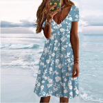 Suvemood naiste V-kaelusega l&uuml;hikeste varrukatega lillega tr&uuml;kitud kleit Seks-l&uuml;hikese seelikuga kleidid XS