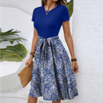 Naiste moekas retro mustriga tr&uuml;kiga v&auml;rviplokiga v&ouml;&ouml;ga vabaaja kleit L sinine