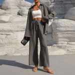 Naiste mood &uuml;hev&auml;rviline kraega n&ouml;&ouml;bitav pikkade varrukatega topp elastse v&ouml;&ouml;kohaga sirgete p&uuml;kstega vabaaja komplekt M