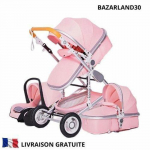 BAZARLAND30.Poussette 3 en 1 B&eacute;b&eacute; Combin&eacute;e Si&egrave;ge-Auto Nacelle R&eacute;versible R&eacute;glable Haute Qualit&eacute; Roues increvables Canne.Rose roosa