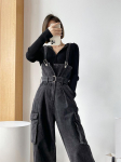 Naiste Denim Bib Kombinesoonid Teksad Stretch Vintage Jumpsuit taskuga lahtiste t&ouml;&ouml;p&uuml;kstega L must