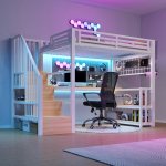 K&otilde;rgvoodi, 90 x 200 cm, Raudraam, Riiul, Rippuv v&otilde;rk, LED-riba, Lauaplaat, Trepp hoiuruumiga, 2 USB-porti, 1 Type-C pesa, Ilma madratsita, Valge 254 x 95.5 x 160 cm valge