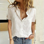 Puuvillast l&uuml;hikeste varrukatega pluusid, &uuml;hev&auml;rviline, lahtik&auml;iv krae, n&ouml;&ouml;pidega &uuml;lespandav suvine naiste s&auml;rk, valged topid M