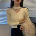 Korea moe p&auml;itsetega V-kaelusega kardigan naiste silmkoelised topid S&uuml;gistalv 2023 Prantsuse stiilis puhvis varrukatega kampsun riided 28990 One Size aprikoosi