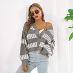 QICED naiste moe vabaaja triibuline printimine s&uuml;gistalvise pikkade varrukatega V-kaelusega avarad kampsunid mantlid S khaki