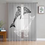 Mustad ja valged delfiinililled Abstraktsed l&auml;bipaistvad kardinad elutuppa Voile t&uuml;llkardin magamistoa k&ouml;&ouml;gi jaoks kodukaunistusega paneel 135W x 114H(cm)