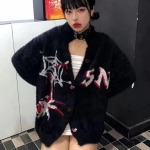 Gooti stiilis Y2k must &auml;mblikuv&otilde;rguga tr&uuml;kitud kardiganid naiste Harajuku punk gooti tumedad emo kampsunid Grunge kootud topid s&uuml;gistalv S must