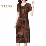 Suvine naiste kleit &Uuml;mara kaelusega l&uuml;hikeste varrukatega Vintage Print Slim Fit Plisseeritud keskealiste naiste kontoriballi pidulik Midi kleit 2XL sinine