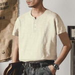 Heavyweight bamboo Henry collar men's t-shirt short-sleeved summer casual American big size solid colour men's button up tops S valge