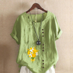 Naiste mood Lilled Prinditud &uuml;mmarguse kaelusega l&uuml;hikeste varrukatega T-s&auml;rk vabaaja puuvillane linane graafiline s&auml;rk vaba aja veetmiseks suvised pluusid S roosa