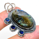 Natural Labradorite, Blue Topaz Gemstone 925 Sterling Silver Pendant 2.05 z3o40