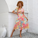 Naiste kevadised lillemustriga V-kaelusega l&uuml;hikeste varrukatega kleit suvine vabaaja A-joon k&otilde;rge v&ouml;&ouml;kohaga keskmised pikad kleidid S-XL S roosa