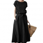 Naiste boho puuvillase lina maksikleit suvine l&uuml;hikeste varrukatega &uuml;mara kaelusega pikk kleit v&ouml;&ouml; ja taskutega vabaaja rannakleit M must