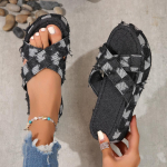Suvi Uued Paksu P&otilde;hjaga Sussid Naiste Retro Denim Ruuduline Rist Moe Avatud Varbaga Sussid Vabaaja V&auml;lisandaalid 43 must