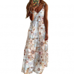 Naiste lilleline cami maksikleit spagetirihmadega, V-kaelusega, pikk kleit, vabaaja, varrukateta, A-l&otilde;ikeline, &otilde;htukleit, suvine rannakleit S valge