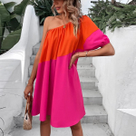 Kevad Suvi Naiste Rannapuhkus Vabaaja L&uuml;hikeste &Uuml;he Varrukaga Kleit K&otilde;rge V&ouml;&ouml;koht V&auml;rviplokk Viltuse &Otilde;laga Keskmise Pikkusega Kleit S-XL XL oranž/roosa punane v&auml;rv