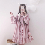 Kevadine s&uuml;giskleit Naistele Harajuku Roosa Naistele Volangidega Pitsplaaster Kawaii Kleidid Lolita Cosplay Magusad lahtised Vestidos One size roosa