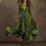 Sametine Naiste Elegantne Vintage P&otilde;lvini Pikk A-l&otilde;ikeline S&uuml;gava V-kaelusega Pikkade Varrukatega Maksikleit XL roheline