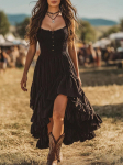 Uue muusikafestivali puhkuse maksikleit boheemlaslikus stiilis volangidega kleit S must