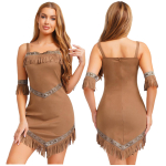 Naiste p&otilde;lisameeriklasest printsessi kost&uuml;&uuml;m 2 tk kunstnahast kleit Halloweeni cosplay Pocahontas koobasmees metsik printsess tutiga kleit M beige