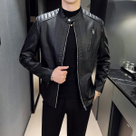 Meeste nahkjakk Standkrae Slim Pu Nahkjakid Kevad-s&uuml;gismood Meeste Mootorratta p&otilde;hjusmantel Meeste Moto Biker mantlid XXXXL black