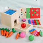 6-in-1 Puidust Montessori M&auml;nguasjade Komplekt Objektip&uuml;sivuse Karbi M&auml;ngukomplekt M&uuml;ndikarbi, Porgandisaagi, Kujundisorteerija ja Pallikukkumism&auml;nguasjaga