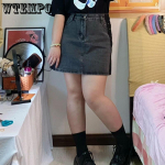 Naiste l&uuml;hike seelik suure suurusega Retro Do Old Repair Tolerance Denim pool keha seelik Slim Niche Design Word l&uuml;hike seelik 2XL hall