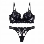 Prantsuse pitsist lilled tikandid rinnahoidjakomplekt Sexy Deep V Push Up rinnahoidjad Naiste &uuml;li&otilde;huke aluspesu stringidega komplekt hingav pesu S must