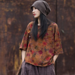 Naiste Vintage mustriga lillelised T-s&auml;rgid Lahtised puuvillased T-s&auml;rgid Kevadised O-kaelusega l&uuml;hikeste varrukatega taskud Riided Naiste T-s&auml;rk One Size kohv