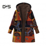 Naiste talvemantel Retro lilleprinteriga kapuutsiga paks pl&uuml;&uuml;sis lukuga soojust hoidev pikad varrukad keskmise pikkusega taskud vaba aja igap&auml;evaseks kandmiseks jakk M punane