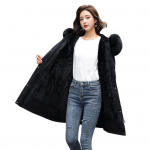 Talvine naiste jope karvane kapuuts, pikkade varrukatega taskud, p&otilde;lvepikkus pluss L must
