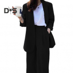 2 tk/komplekt Lady pidulik mantlip&uuml;kste komplekt pikkade varrukatega avatud &otilde;mblemisega kardigan keskmise pikkusega jope lahtine sirge laia s&auml;&auml;rega k&otilde;rge v&ouml;&ouml;kohaga p&uuml;ksid ametlikud &auml;ri L must