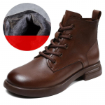 Johnature Retro Briti stiilis ehtsast nahast kingad &uuml;mmarguse ninaga paksu kontsaga veisenahast mitmek&uuml;lgsed naiste l&uuml;hikesed saapad 40-Plush pruun