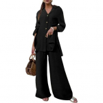 2 tk/komplekt Naiste s&auml;rgip&uuml;kste komplekt, &uuml;hev&auml;rviline, alla keeratav krae, pikk varrukas, keskmise pikkusega &uuml;laosa lai jalg Elastne v&ouml;&ouml;koht lahtised p&uuml;ksid reisimiseks riided pluus L must