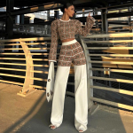 Women's Printed Plaid Long Sleeve Short Top High Waisted Straight Pants Set L oranž