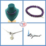 Pierres et Min&eacute;raux. Parure Bracelet Collier 15 perles Am&eacute;thyste 8 mm. Chaine en acier Taille personnalisable.
