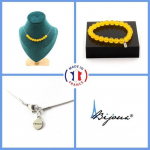 Pierres et Min&eacute;raux. Parure Bracelet Collier 10 perles Agate jaune 8 mm. Chaine en acier Taille personnalisable.