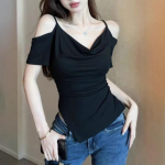 Sale ja Sale ja Lihtne &Otilde;lgu paljastav Ebakorrap&auml;rase temperamendiga Seksikas Must L&uuml;hikeste varrukatega T-s&auml;rk Suvine Disain Top S must