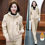 Pluss sametist paksendatud spordikost&uuml;&uuml;m naiste s&uuml;gis- ja talvelukuga kapuutsiga kardigan-kampsun vabaaja kaheosaline &uuml;likond S aprikoosi