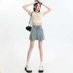 Retro teksaseelik naistele suvel Uus k&otilde;rge v&ouml;&ouml;kohaga slim A-l&otilde;ikusega plisseeritud miniseelik XL sinine