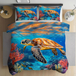 Allveemaailm Merikilpkonn Korall Tekikott Padjap&uuml;&uuml;riga, Mereteemaline Voodipesukomplekt, 3D Tr&uuml;kiga Kahepoolne Voodipesu T&otilde;mblukuga 100x135cm 2pcs&Duvet Cover
