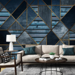 3D-fototapeet Sinine geomeetriline puidus&uuml;&uuml; reljeefne seinamaal Moodne elutuba Diivan Televiisor Taust Seinapaberid Kodukaunistus 200 cm(W) x 140 cm(H)
