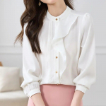 Moodne &scaron;ifoonpluus Naiste volangid Prantsuse pikkade varrukatega naiste s&auml;rgid, n&ouml;&ouml;bid &uuml;les Elegantsed naister&otilde;ivad kontoritopsid 29463 S valge