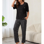 Naiste pidžaamad magamiskost&uuml;&uuml;mid &uuml;mara kaelusega poolvarrukatega s&auml;rk, pikad ruudulised p&uuml;ksid mugavad &ouml;&ouml;riided Avaleht vabaajar&otilde;ivad &ouml;&ouml;riided suvine &ouml;&ouml; S punane